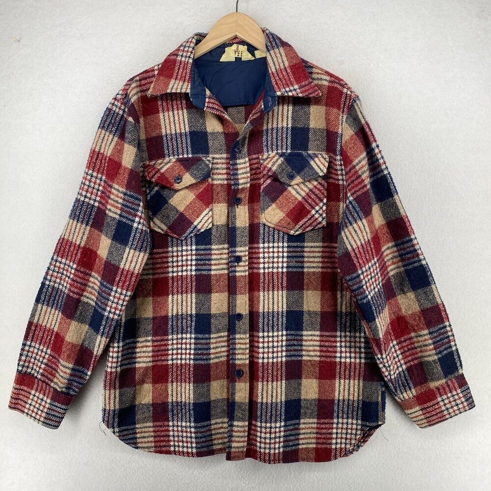 GIMBELS Shirt Mens L Wool Linen Blend Flannel Plaid Shacket Western Red Blue